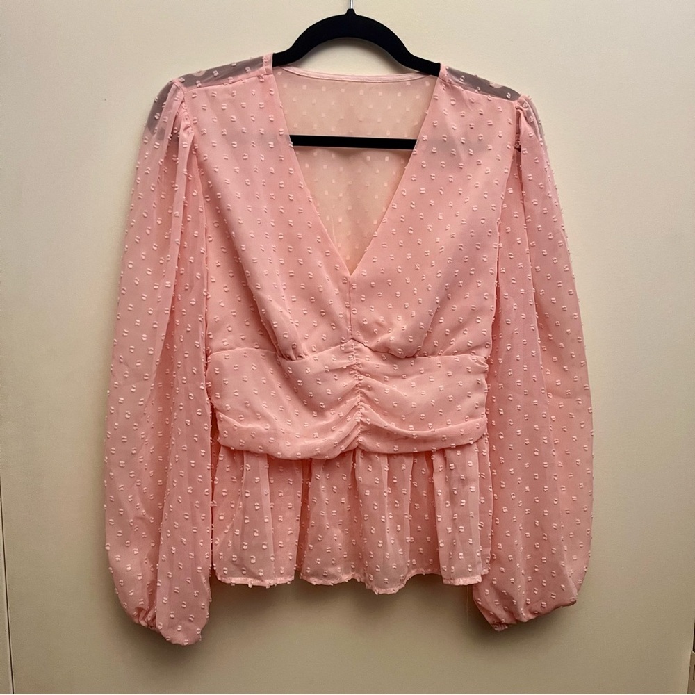 Lyaner Pink Peplum Top Ruched Waist Billowy Sleeves Size L